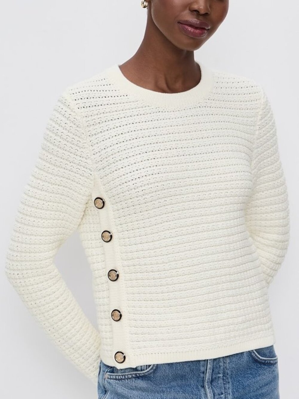 Ba&sh Gael Side Button Textured Knit Crew Neck Sweater Quiet Luxury Ivory - XS